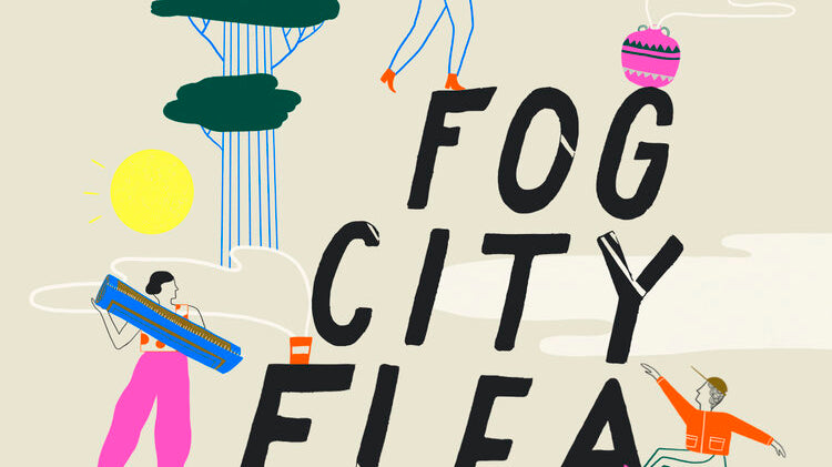 Fog City Flea Poster Colorful Modern art Figures amidst fog andtrees